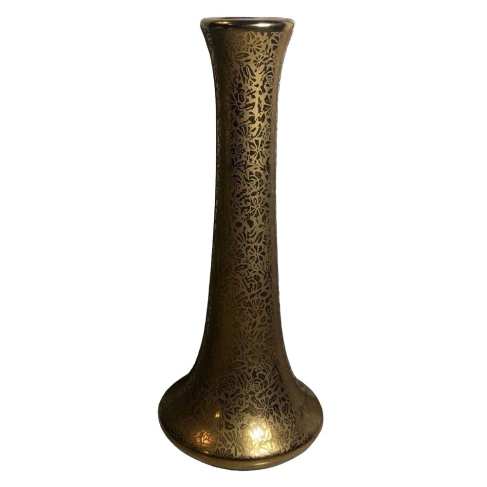 Wheeling Decoration Co. "Doves Roses Daisies" Gold Encrusted Bud Vase 8 1/4"